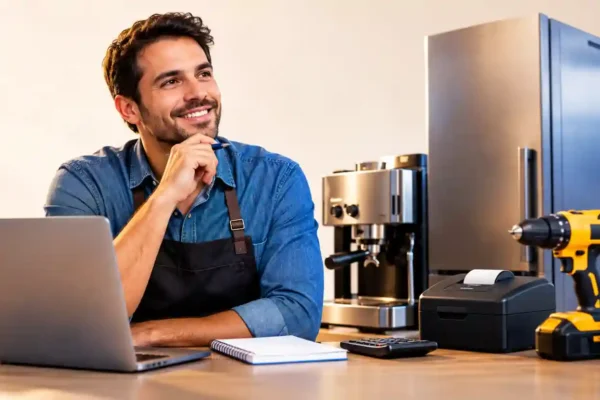 Financiamento de equipamentos para MEI com empreendedor ao lado de notebook, máquina de café, impressora e ferramentas.
