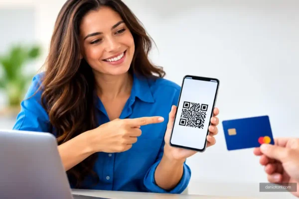 Link de pagamento para MEI exibido no celular por empreendedora, com QR Code e cartão de crédito.
