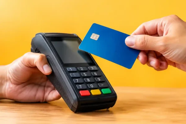 Maquininha de cartão para MEI com cartão sendo aproximado para pagamento