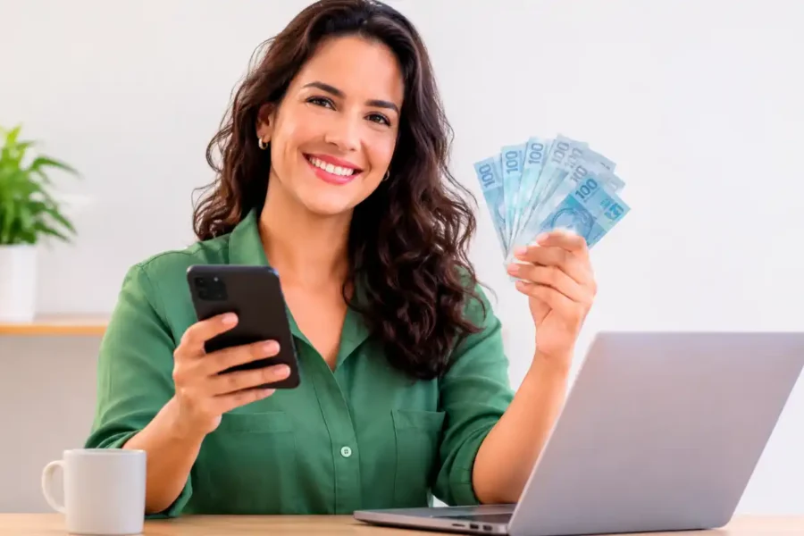 Portabilidade de empréstimo para MEI: empreendedora sorridente segurando celular e notas de dinheiro ao lado de um notebook.
