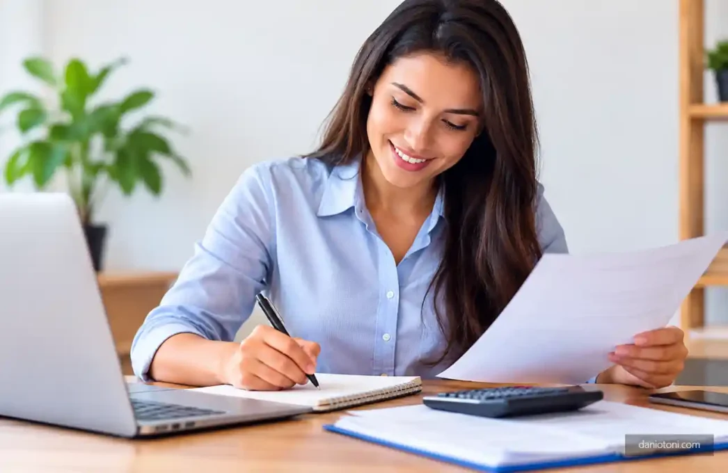 Portabilidade de empréstimo para MEI: empreendedora analisando documentos financeiros e anotando informações para realizar a transferência do crédito.