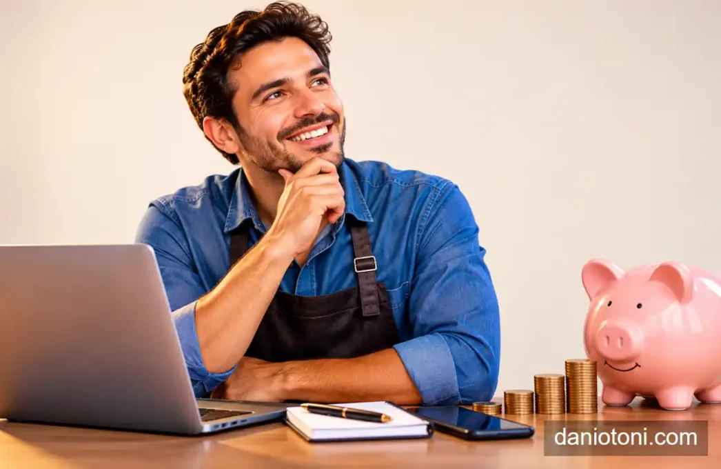 Microempreendedor analisando finanças ao lado de notebook, moedas e cofrinho.