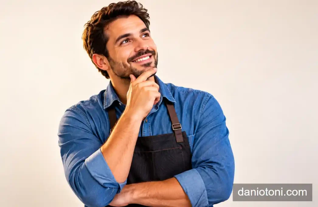 Microempreendedor sorridente de avental avaliando a possibilidade de conseguir financiamento