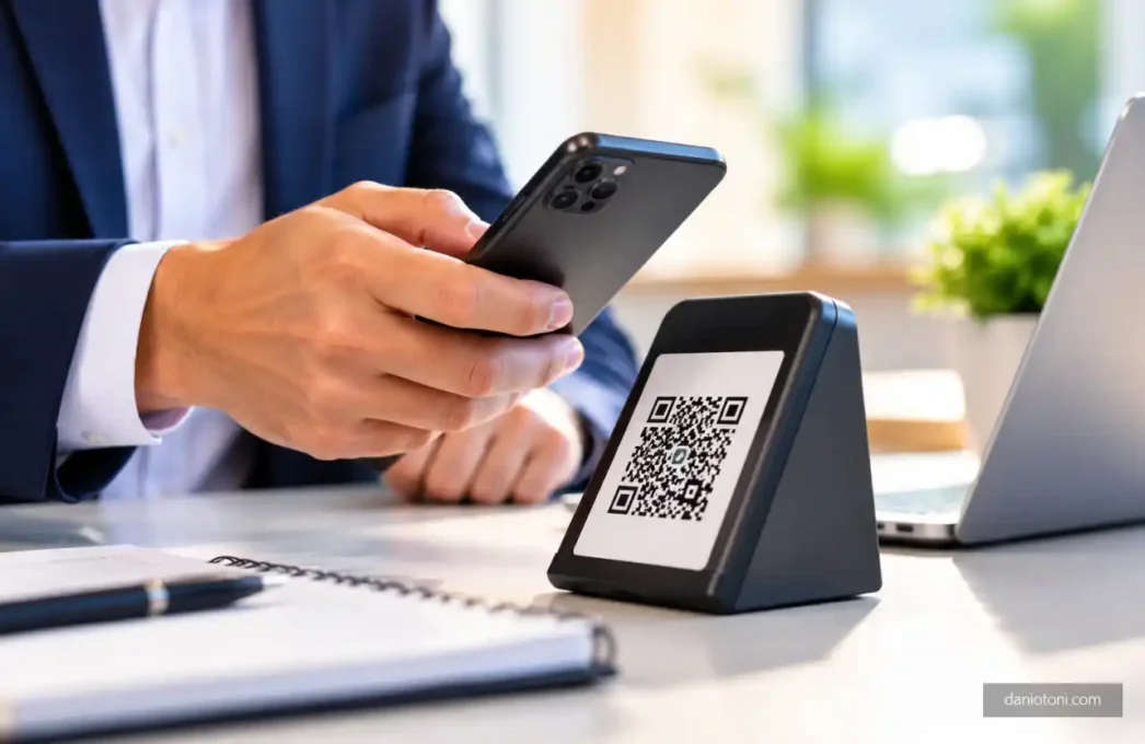 Taxa Pix para empresas - empresário usando celular para pagamento por QR Code em escritório.