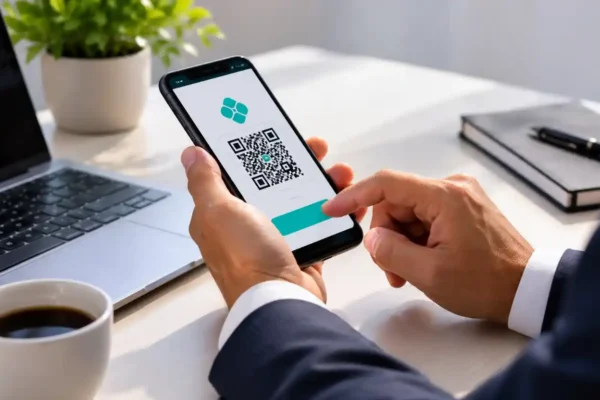 Taxa Pix para empresas - empresário usando celular com QR Code Pix em mesa de escritório.