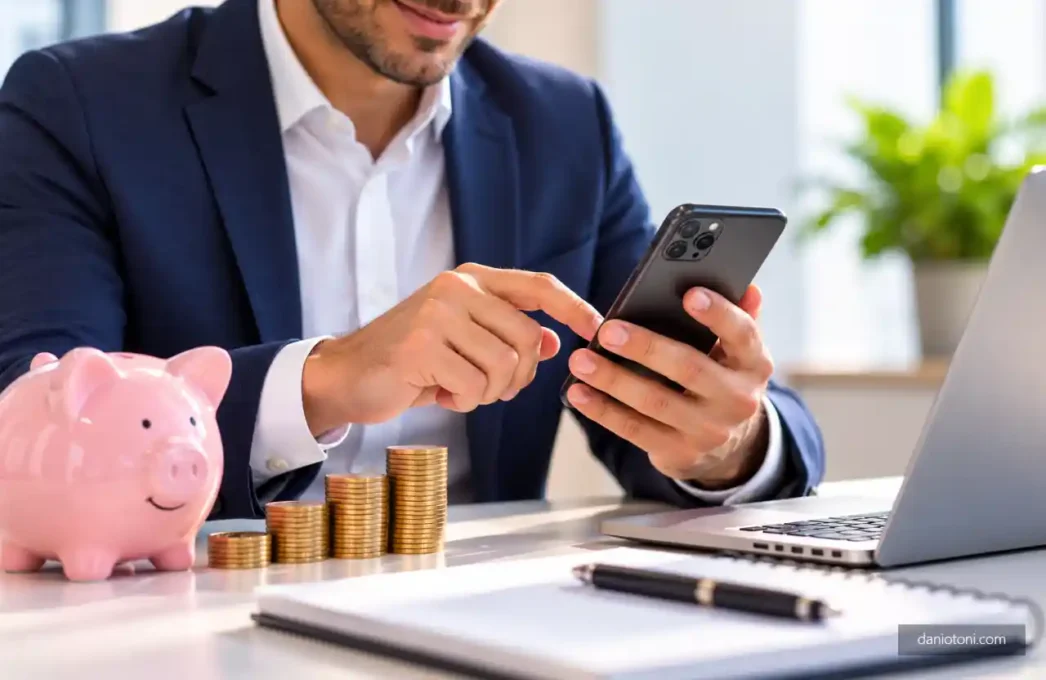 Taxa Pix para empresas - empresário usando celular ao lado de moedas e cofrinho para reduzir custos.